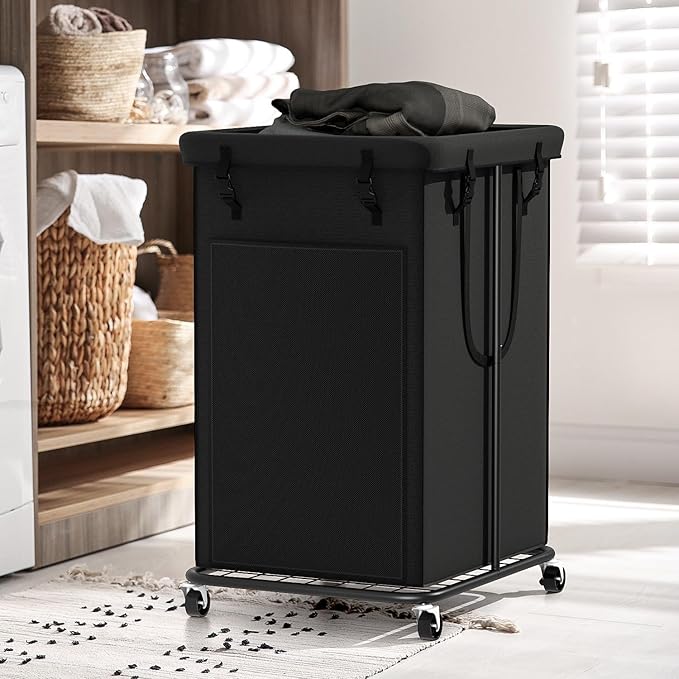 Laundry Basket 155L, Oxford Fabric Laundry Hampers, Metal Frame and Removable Bag Design with Wheels, Suitable for Bedroom, Bathroom, Dorm Room, Laundry Room (Pure Black)