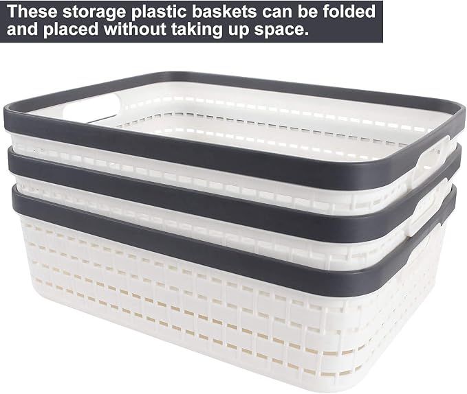 CertBuy 3 Pack Plastic Storage Baskets 14 x 10 x 4.5 Inch, Large Weave Storage Bins with Handle for Cabinet, Shelf, Kitchen, Bedroom, Bathroom and office – White