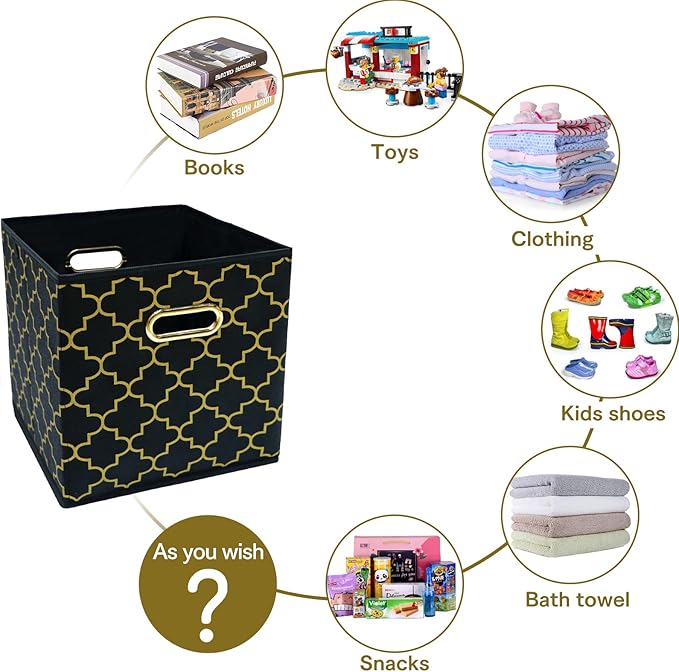 Fabric Cloth Storage Bins,Fabric Cube Organizer with Dual Handles Foldable Cube Storage Baskets for Home Bedroom Storage,Set of 3,(Black Gold)