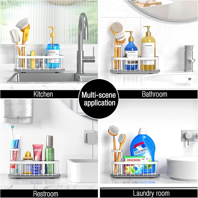 LARGE Kitchen Sink Caddy Organizer,[FLEXIBLE PLACEMENT & FAST-DRYING] Sponge Holder for Kitchen Sink Countertop with High Brush Holder-Rustproof 304 Stainless Steel-9.84"L x 4.72"W x 5.83"H
