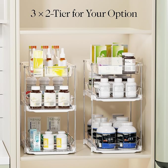 LAMU 2 Pack Bathroom Organizers and Storage, 3-Tier Stackable Under Sink Storage with Pull-Out Drawers & Dividers, Medicine Cabinet Organizer for Kitchen Pantry Organization | 2 Pack, Stackable, Pull-Out Drawers, Dividers