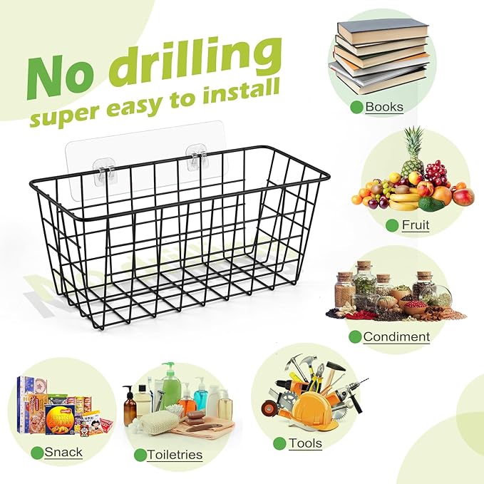 4 Pack Hanging Kitchen Baskets, Adhesive Wire Wall Storage Basket, No Drilling Hanging Fruit Baskets, Cabinet Door Organizer for Kitchen Bathroom Pantry, Upgrade Super-sized Adhesive (4)
