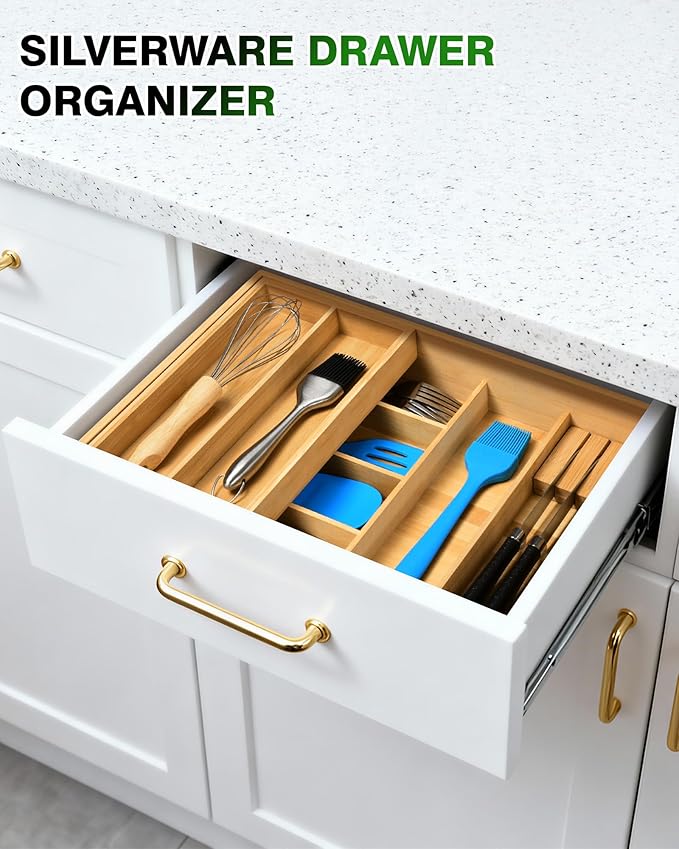 HULISEN Silverware Drawer Organizer with Sliding Top Tray, Double Layer Bamboo Utensil Organizer with Removable Knife Holder, Space-Saving Cutlery Organizer for Kitchen Drawers