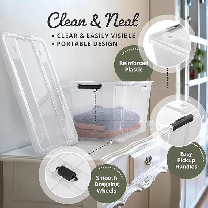 Lifetime Appliance Parts 4 PACK 75 Qt. Plastic Storage Bin Tote Organizing Container with Ultra Durable Lid & Secure Latching Buckles Stackable Extra Strength Clear w/Black Handle