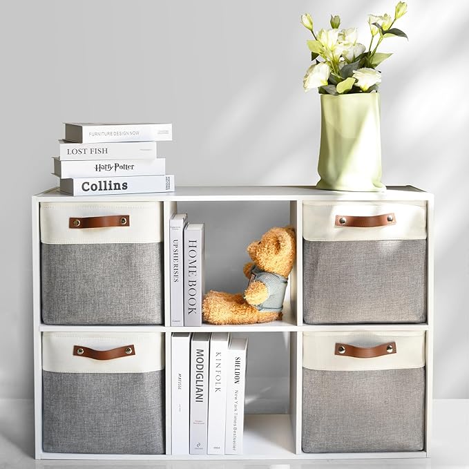 4-Pack Foldable Fabric Storage Cubes 11x11 Inch, Sturdy Cube Organizer Bins with Leather Handles, Storage Baskets for Closet Shelves and Home Organization(White/Gray)