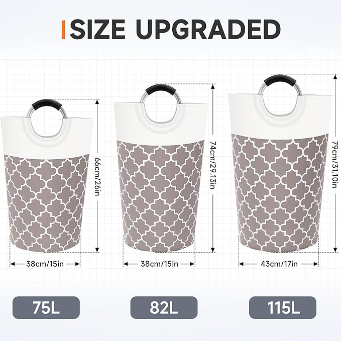 Large Laundry Basket Laundry Hamper Bag Washing Bin Clothes Bag Collapsible Tall With Handles Waterproof Travel Bathroom College Essentials Storage For College Dorm, Family (Khaki)75L