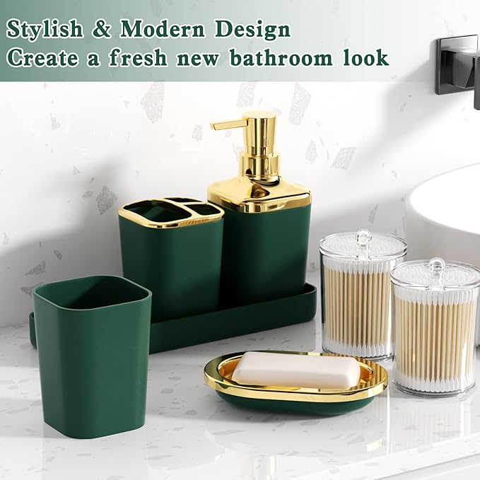 Bathroom Accessories Set, Green Bathroom Set, Dark Green Bathroom Accessory Set with Trash Can, Soap Dispenser, Soap Dish, Toothbrush Holder and Q-tip Holders