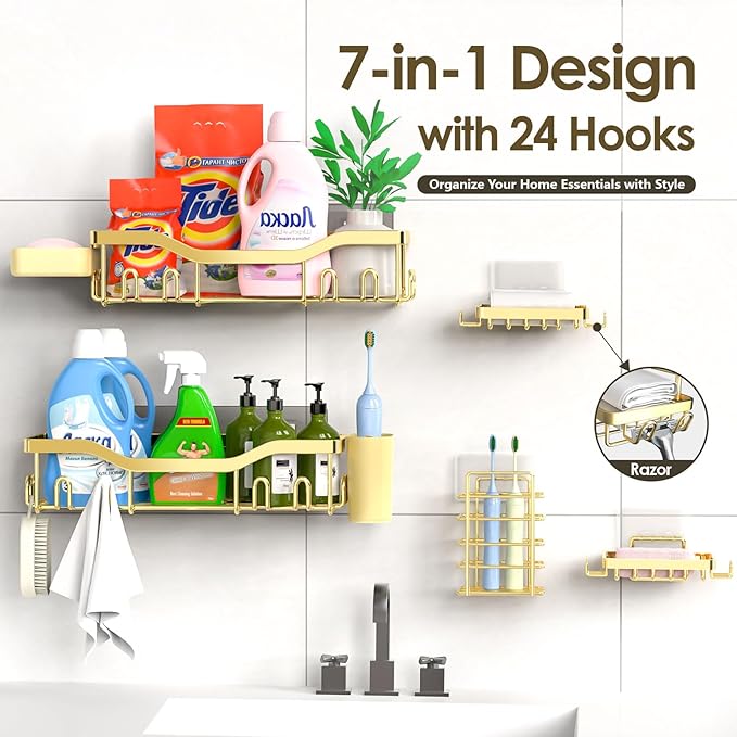 Shower Caddy Adhesive Shower Organizer 7-Pack, Rustproof Stainless Steel Bathroom Shelves, Large Capacity No-Drill Rack Storage Accessories with Soap Dish Toothbrush Holder Hooks