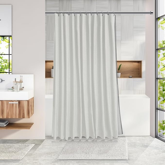 Clara Clark Bathroom Accessories Set - Bathroom Set with Adhesive Corner Shower Caddy Hanging, 25PC Bathroom Accessory Set, White Shower Curtain Set, Toilet Brush, Trash Can & Soap Dispenser