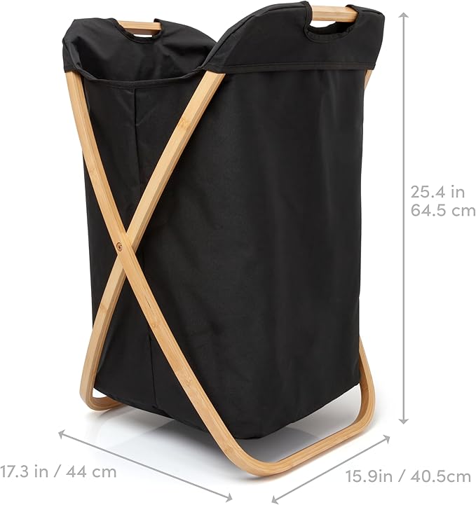 QUALIAZERO 72L Bamboo X-Frame Laundry Hamper – Foldable Single Section Clothes Basket with Removable Bag & Bottom Handle, Ideal for Bathroom, Bedroom, or Dorm (ONYX BLACK, X-FRAME)