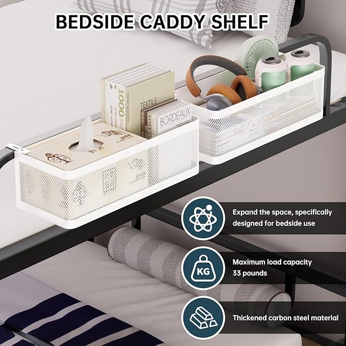 Bedside Caddy Shelf for Bunk Bed & Dorm, Adjustable Bunk Bed Caddy Holder for Top Bunk, Rails, Cribs, Bedside Shelf Organizer for Phone/Books/Drinks (White, L(L11in*W4.9in*H3.93in))