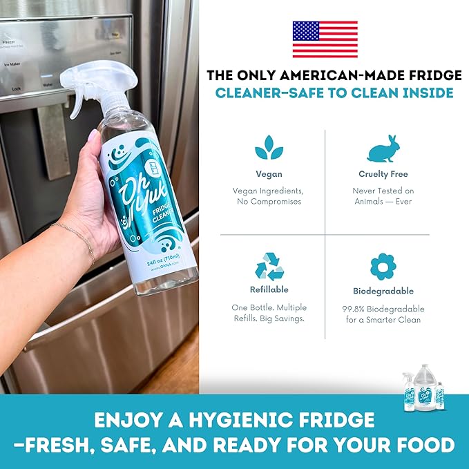 Oh Yuk Fridge Cleaner – 16 oz Concentrate Refill | Makes 4 Spray Bottles | Cleans Inside Refrigerator for Spotless, Food-Contact Safe Surfaces | Lifts Sticky Messes & Dried-On Food