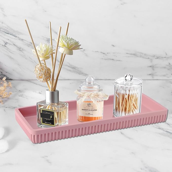 Resin Pink Bathroom Accessories Set 5 Pcs, Lotion Soap Dispenser, Toothbrush Holder, Bathroom Tumbler, Qtip Holder and Vanity Tray, Bathroom Countertop Organizer Set for Modern Home Apartment