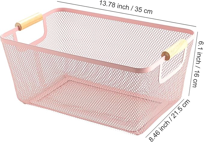 Metal Mesh Steel Basket, Large Wire Storage Organizer Basket Multi-function Hanging Kitchen Baskets with Wood Handle for Kitchen Bathroom Picnic Home, Rectangle-Pink