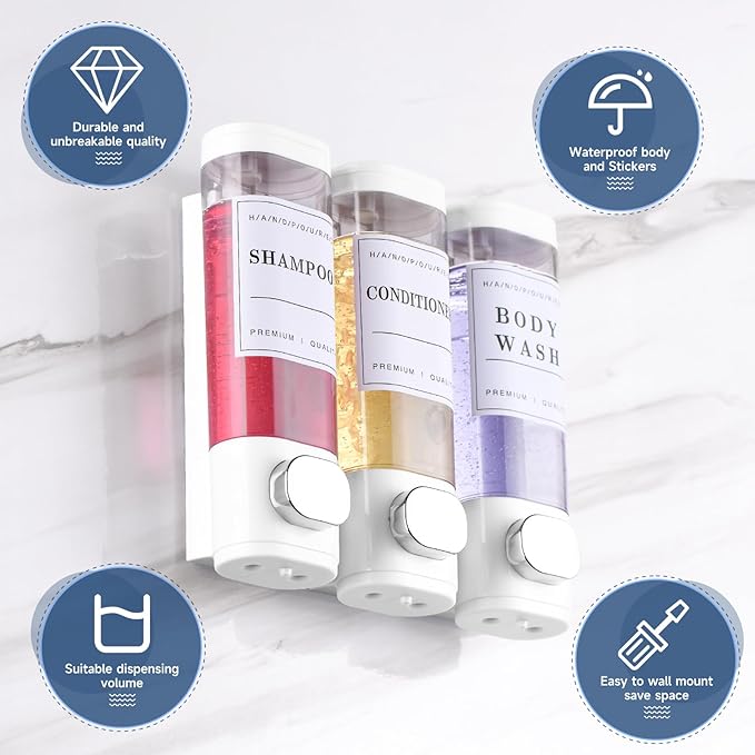 Shower Soap Dispenser Wall Mounted No Drill Shampoo Dispenser for Shower Wall Shampoo and Conditioner Dispenser Bathroom Hote 3 * 300ml White with 3 Labels