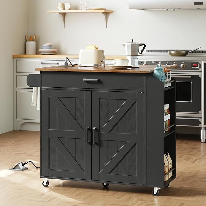 HOOBRO Kitchen Island with Drop Leaf Countertop & Power Outlet, Rolling Island Cart on Wheels, Kitchen Cart with Drawer & Spice Rack, Mobile Island Table for Kitchen, Black BF86UZD01