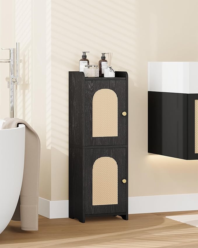 Bathroom Storage Cabinet, Small Corner Floor Cabinet with 2 Doors and Adjustable Shelf, Narrow Toilet Paper Cabinets, Bathroom Organizer for Small Spaces, 7.9" D x 9.8" W x 29.5" Rattan Black