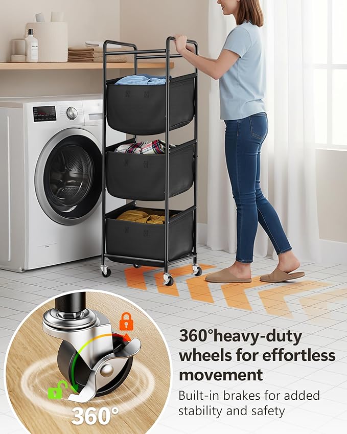 Moforoco Vertical Laundry Sorter 3 Section with Removable Bag, Laundry Hamper with Wheels, 120 L Rolling Laundry Baskets organizer for Bathroom, Apartment, Dorm Room, Black