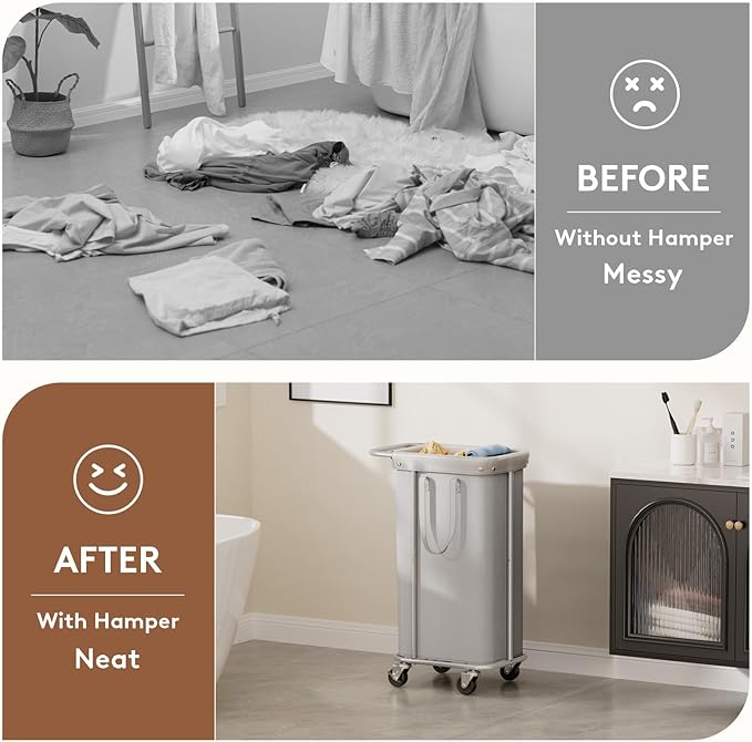 Lifewit 100L Large Laundry Basket with Wheels, Tall 1 Section Laundry Hamper Organizer, Rolling Laundry Cart with Steel Frame & Removable Bag for Luandry Room Bathroom Bedroom, Silver Gray