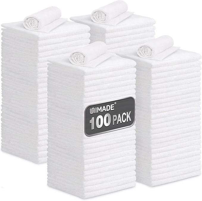 Shop Towels, 100 Pack Commercial Grade Work Rags Microfiber Towels for Cars Cleaning Rags Bulk Detailing Cloth for Automotive Bar Mechanic Restaurant Garage Housekeeping, 11.5"x 11.5", White
