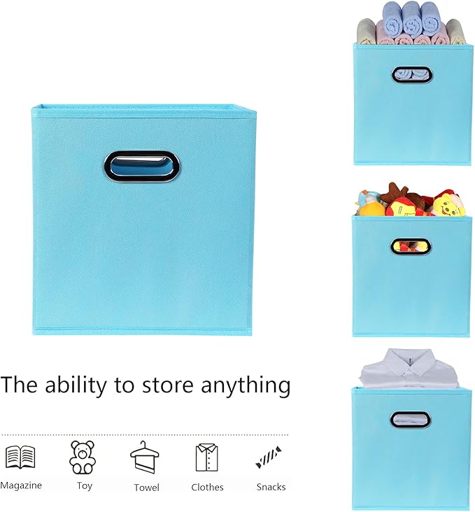Yunkeeeper storage bins Cubes, Fabric Cube Organizer with Handle, Foldable Cube Bins for Cloth or Accessary Storage, 11x11x11, Set of 3, (Blue)