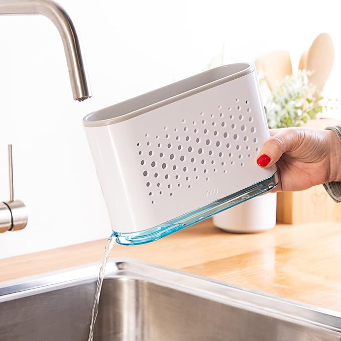 Minky Slimline Sink Caddy - Sponge and Brush Holder for Kitchen, Sink Organizer with Brush Compartment, Removable Tray, Drainage Spout - Slim Design Fits Anywhere - Made in UK (White)