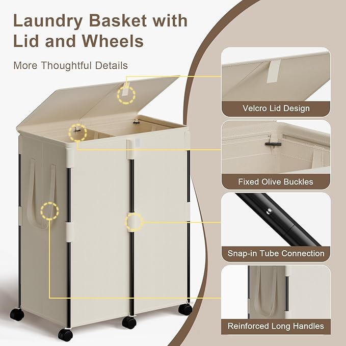 Chrislley 160L Large Double Laundry Hamper with Lid and 6 Wheels, Rolling Laundry Basket with 2 Removable Bags, Heavy Duty Metal Frame Laundry Cart, Dirty Clothes Hamper for Bathroom, Bedroom (Beige)