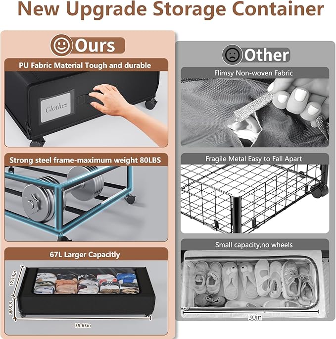 XXXXL Extra Long Under Bed Storage with Wheels,BIGGEST Size Available(66L) under the bed storage Organizer with Lid&Label,Rolling Under the bed Metal Drawer for Clothes,Shoes,Toys(36x17x 6In)