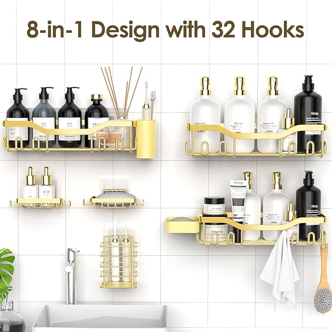 Shower Caddy Adhesive Shower Organizer 8-Pack, Rustproof Stainless Steel Bathroom Shelves, Large Capacity No-Drill Rack Storage Accessories with Soap Dish Toothbrush Holder Hooks
