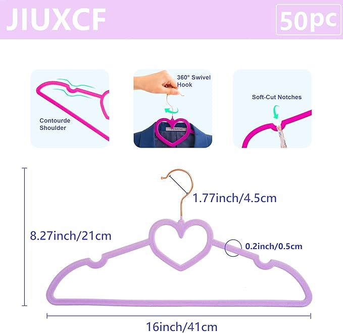 Light Purple Velvet Hangers 50 Pack, Premium Heart Hanger Non-Slip Felt Hangers, 360° Swivel Rose Gold Hooks, Space Saving Slim Hangars, Durable & Cute Clothes Hangers for Adult
