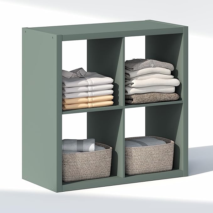 Furinno Cubic Closet Organizers and Storage, 4-Cube Closet Organizer, Open Shelf Closet Storage, Extra Thick Frame for Wardrobe, Bedroom, Living Room, Sage Green