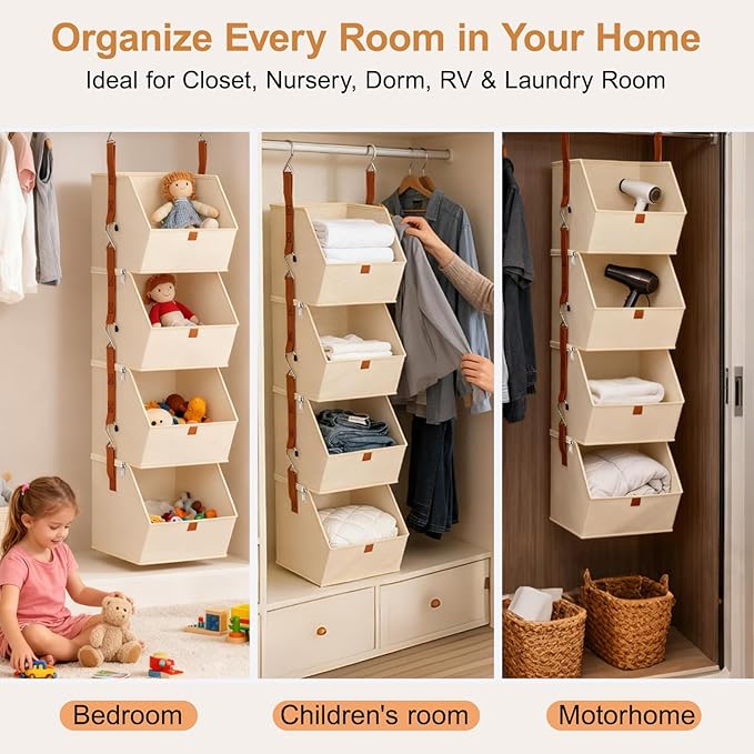 4 Tier Hanging Closet Organizer with Socks Storage Mesh Bag - Space Saving Storage Shelves for Closet, Wardrobe, Fabric Storage Bins for Dorm Rooms, Bedroom (Beige)