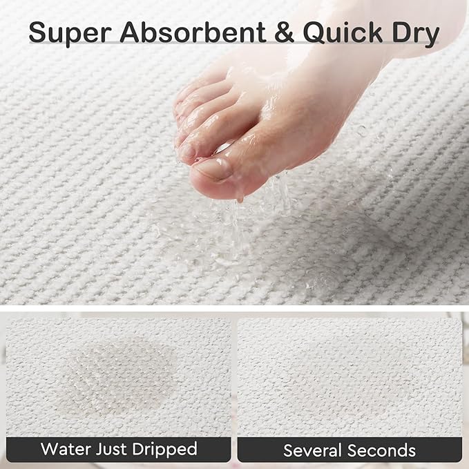 MontVoo Bathroom Runner Rugs,Chenille Absorbent Bath Mat Runner Quick Dry Rubber Backed Bath Runners Non Slip Washable Long Bathroom Rugs,Ultra Thin Bath Rugs Fit Under Door,17"x59",White