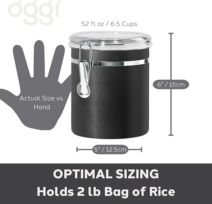 Oggi Stainless Steel Kitchen Canister 47 fl oz, Black - Airtight Clamp Lid, Clear See-Thru Top - Ideal for Kitchen Storage, Food Storage, Pantry Storage. Large Size 5" x 6".