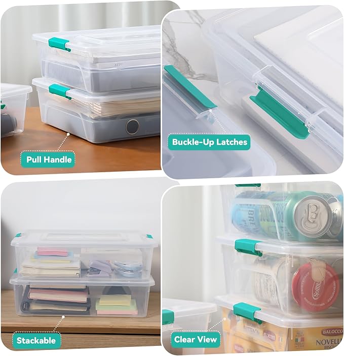 novelinks Clear Stackable Storage Bins with lid Storage Boxes Durable Plastic Organizer Containers for Home Office, Kitchen, Craft Supplies (10 Quart 4 Pack Green)