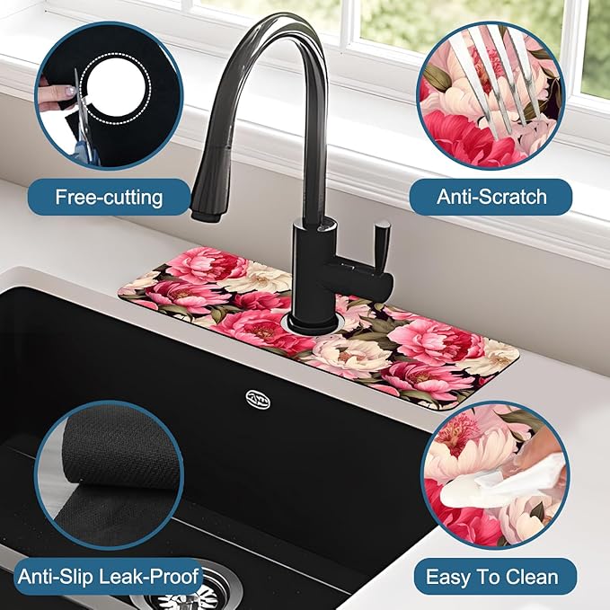 Garden Flowers Sink Splash Guard Faucet Mat Watercolor Peonies Super Absorbent Fast Drying Mat Sink Gadgets-Splash Guard Behind Faucet Drip Catcher for Kitchen Bathroom, 15.5"x5.5"