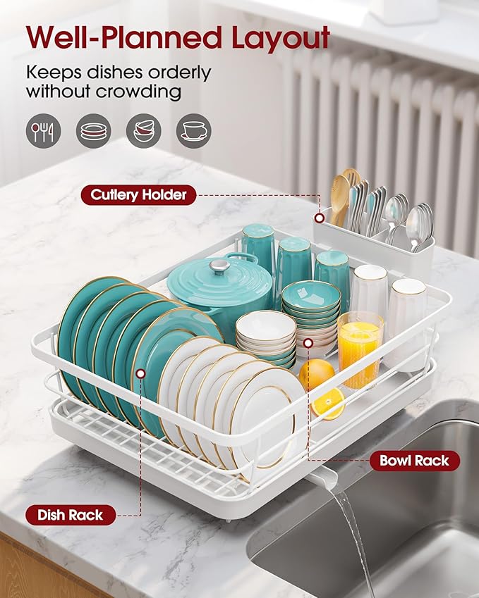 Stainless Steel Dish Drying Rack for Kitchen Counter, Sink Organization and Storage Essentials with Silverware & Utensil Holder, Home and Apartment Decor, 12''W x 15.5''L, White