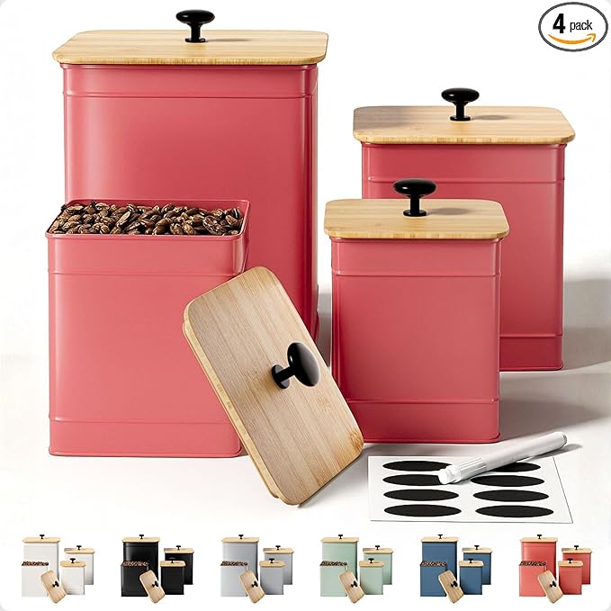 Kitchen Canisters for Countertop Set of 4 with Customizable Chalkboard Labels & Marker Pen - Big Iron Kitchen Canister Set with Airtight Lids - Red Canisters - Sugar Tea Coffee Containers Sets
