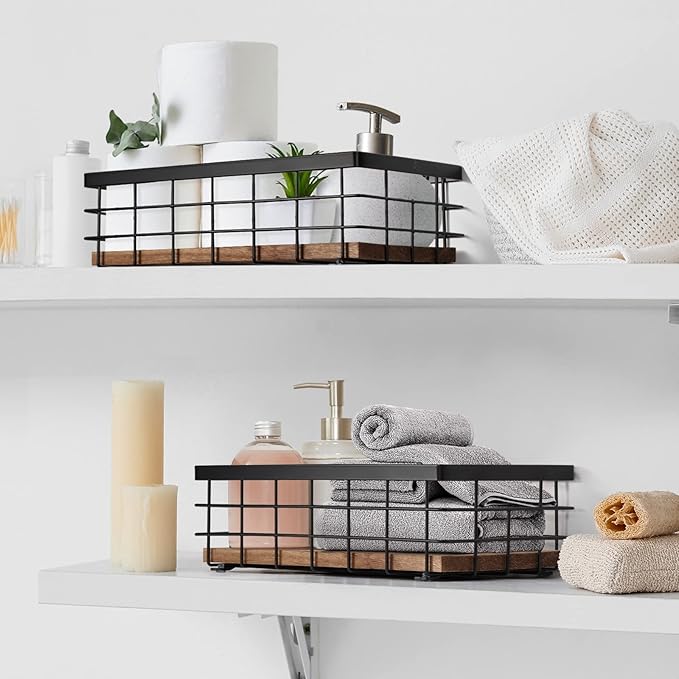 TJ.MOREE 2-Pack Small Metal Wire Basket, Decorative Wood Base Organizer for Bathroom, Kitchen, Basket for Toilet Paper Storage, Sugar Packet, Coffee Syrup, Guest Towel, Napkin