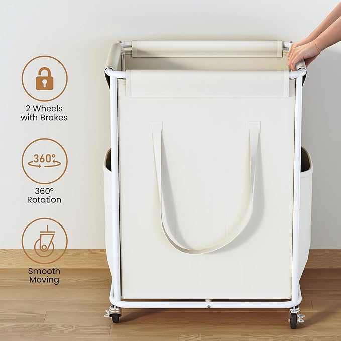 Homeiju 180L Large Laundry Hamper with Wheels, Rolling Laundry Basket with Metal Frame and Removable Bag Design, Dirty Clothes Laundry Cart for Bathroom, Dorm Room, Laundry Room, White
