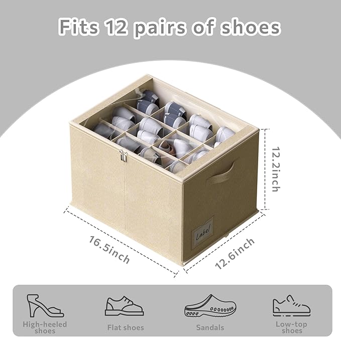CYhom 2 Pack Shoe Organizer for Closet - Shoe Storage Bins with Clear Cover, Fabric Shoe Storage Containers with Reinforced Handles, Fits up to 24 Pairs (Beige, 16.5 * 12.6 * 12.2in)