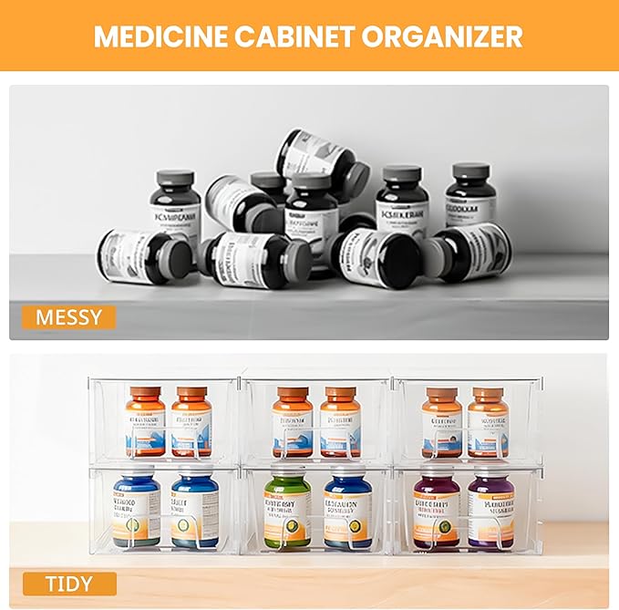 4 Pack Stackable Storage Drawers,Plastic Organizers Bins, Drawers Storage with Handles and Movable Dividers for Organization and Storage in Fridge,Bathroom, Pantry, Kitchen Cabinets, Under Sink
