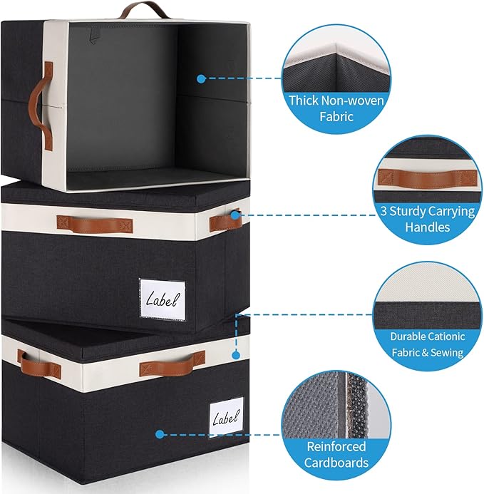 GhvyenntteS Fabric Storage Bins with Lids 6 Pack, Foldable Fabric Storage Baskets with Lid and Handles, Large Closet Organizers and Storage boxes with Label for Home Office (Black, 15" x 11" x 9.7")