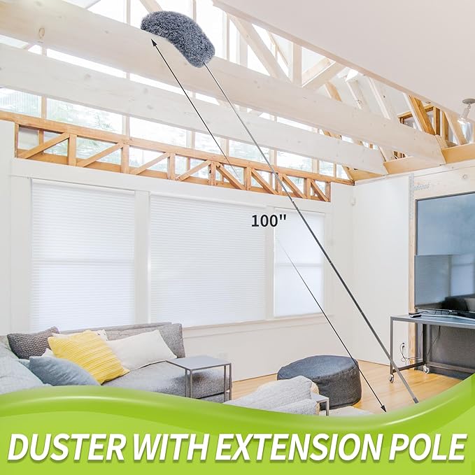 Duster with Extension Pole for Cleaning (2 Microfiber Heads Kit), 100" Long Feather Duster for High Ceilings with Washable Head, Cleaning Supplies for Housekeeping, Ceiling Fan, Furniture