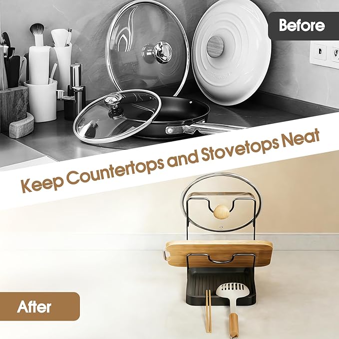 Kitchen Pot Lid Storage Rack, Double-Layer Pot Lid Organizer with Removable Drip Tray, Pot Lid Holder While Cooking, Space-Saving kitchen Countertop Organizer Storage for Pots Pans & Cutting Boards