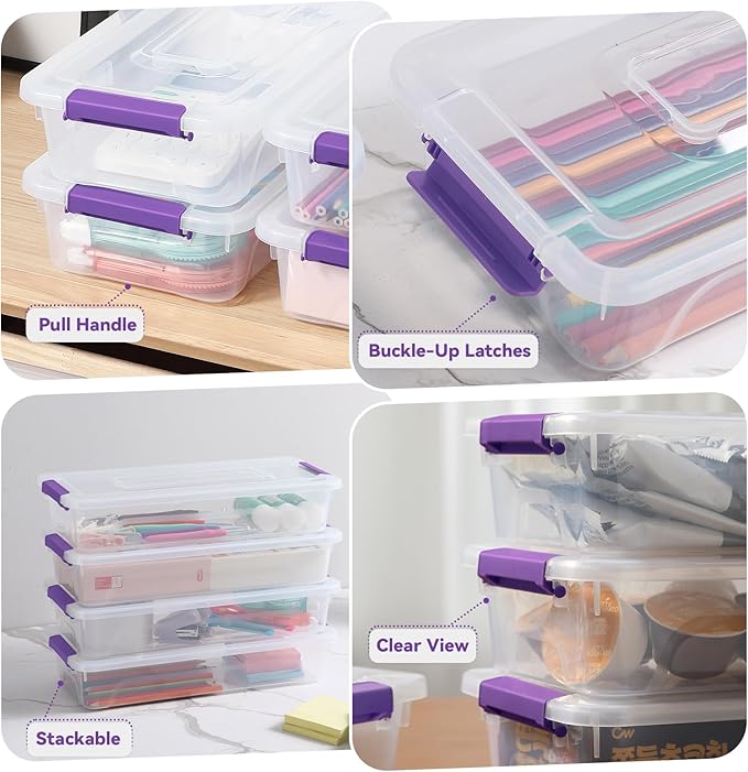 novelinks Clear Stackable Storage Bins with lid Storage Boxes Durable Plastic Organizer Containers for Home Office, Kitchen, Craft Supplies (4 Quart 8 Pack Purple)
