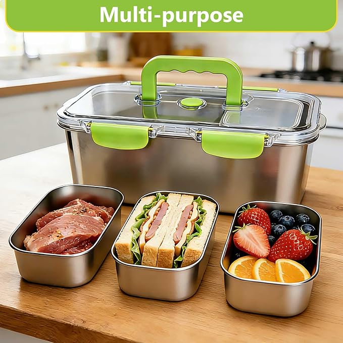 YINGRACE 7-Piece 304 Stainless Steel Food Storage Containers Set with Clear Lids, Meal Prep Deli Meat Container Fridge Organizers, Bacon Cheese Container, Dishwasher Safe, Two Sizes, 169oz and 20oz