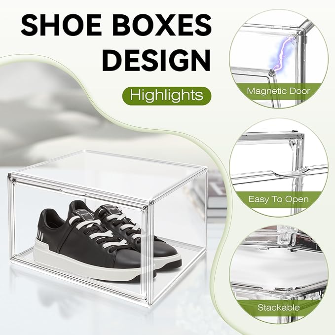 EDS FAM 12 Pack Clear Sneaker Boxes Stackable Shoe Box Size 12.5, Acrylic Shoe Storage Organizer Transparent Storage Bins with Magnetic Acrylic Door for Closet, Sneaker Display, Cosmetic, Figure