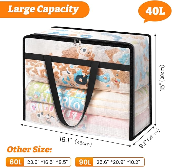 BlissTotes 4 Pack Clear Clothes Storage Bags, Moving Bags, Foldable Blanket Storage Under Bed Storage Containers with Sturdy Zipper and Handle for Clothing, Comforter, Bedding, Sheet (40L)