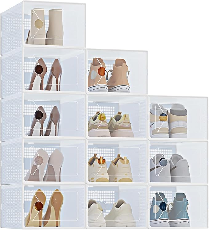 DUMOS Stackable Shoe Storage Boxes, 12-Pack Plastic Shoe Organizers with Lids, Large Shoe Rack & Holder for Closet, Under Bed, Entryway, Sneaker Display and Storage Containers, White